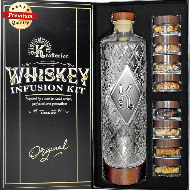 DIY Whiskey Gifts for Men - DIY Whiskey Infusion Set - Whiskey Making Kit - Decanter Set with Botanicals & Wood Chips - Bourbon Decanter & Birthday Gifts for Men