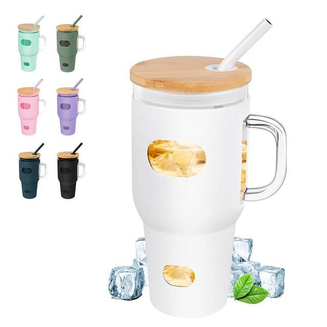 FUNUS Glass Coffee Tumbler, 32oz/50oz Glass Travel Mug with Bamboo Lid and Straw, Handle, Silicone Sleeve for Spill-Proof Design, Reusable Wide Mouth and Perfect for Iced Coffee and Drinks.