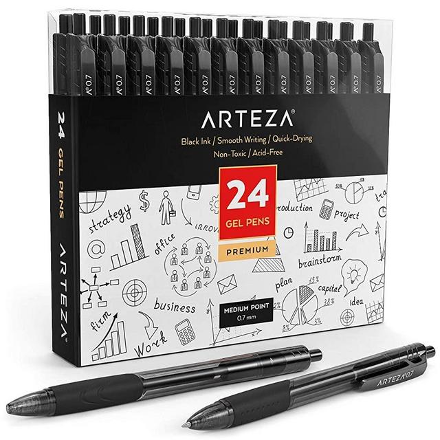 ARTEZA Gel Pens, Pack of 24 Black Roller Ball Pens, Quick-Drying Ink, 0.7mm Medium Point, Office Supplies for Writing, Taking Notes, and Sketching