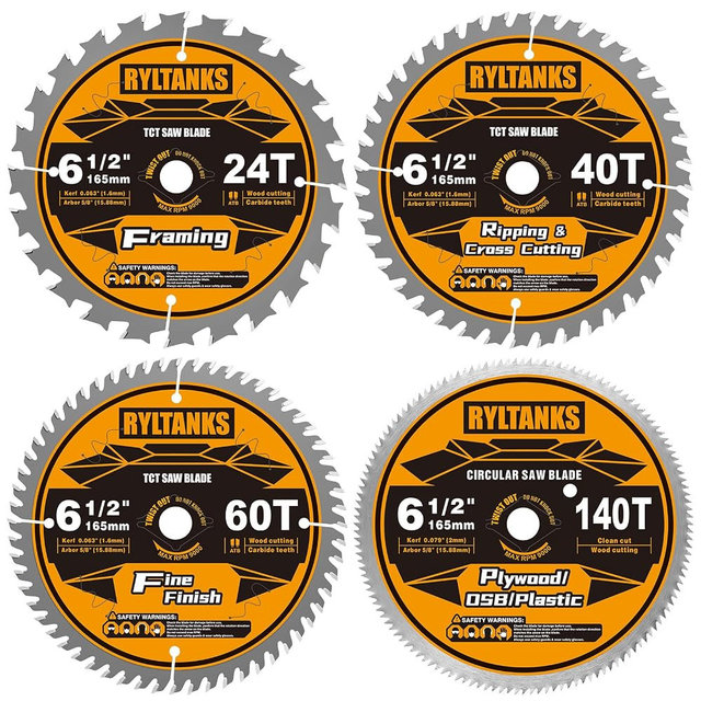 Ryltanks 6-1/2 Inch Circular Saw Blade with 5/8” Arbor,24T for Framing&40T for Ripping and Cross Wood Cutting &60T for Fine Finish&140T for Plywood/OSB/Plastic, 4- Pack