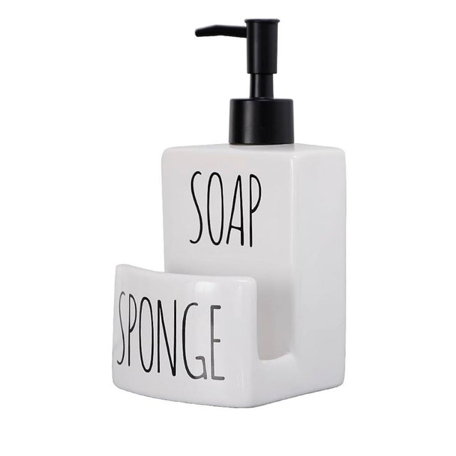 Ceramic Dish soap Dispenser with Sponge Holder Hand and Dish Soap Dispenser Set for Kitchen 2-in-1 Countertop Soap Pump Dispenser for Kitchen Sink, Useful Kitchen Gadgets - Modern Farmhouse White