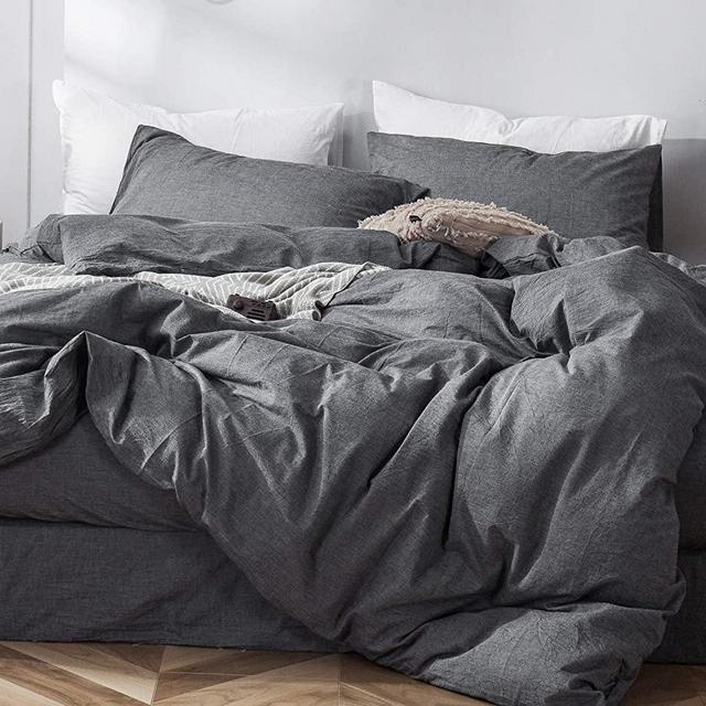 MooMee Home Collection Washed Cotton 3 Pieces Solid Duvet Cover Set, Includes 1 Comforter Cover 2 Pillow Shams Dark Grey Queen Size