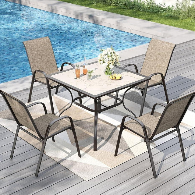 PHI VILLA 5 Piece Outdoor Dining Set with 4 Stackable Patio Chairs and a 37'' Carbon Crystal Patio Table, All Weather Small Patio Furniture Set for Deck Lawn Garden Poolside Backyard