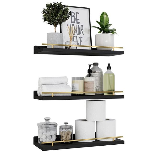 WOPITUES Floating Shelves with Gold Metal Guardrail, Shelves for Wall Decor Set of 3, Wall Shelves for Bedroom, Bathroom, Kitchen, Living Room, Plants, Picture Frames, Art- Black and Gold