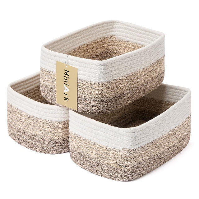 MiniArk Shelf Storage Baskets for Organizing | Closet Organizer Bins | Small Toy Basket | Woven Rope Baskets | Cube Decorative Box | Shallow Basket |11.5×7.5×4.7”| 3 Packs Gradient Brown