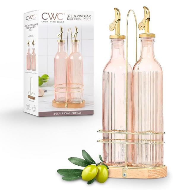 COOK WITH COLOR Glass Olive Oil Dispenser Bottle - 2 Pack, 17 oz Cruet - Elegant Carafe Decanter with Spout for Kitchen, Suitable for Vinegar, Coffee Syrups & Other Liquids