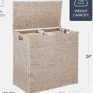 Best Choice Products Large Double Laundry Hamper with Lid, Natural Handwoven Water Hyacinth, 2 Sections w/ 2 Machine Washable Linen Liner Bags, Portable, Handles - Whitewash