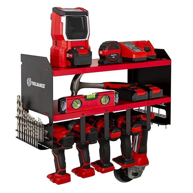 TOOLGANIZE Power Tool Organizer - 5 Drill Holder , Cordless Drill Charging Station , Wall Mount Shelf with Screwdriver Holder , Jobber Bit Workshop Rack - Premium Garage Storage & Organization , Red