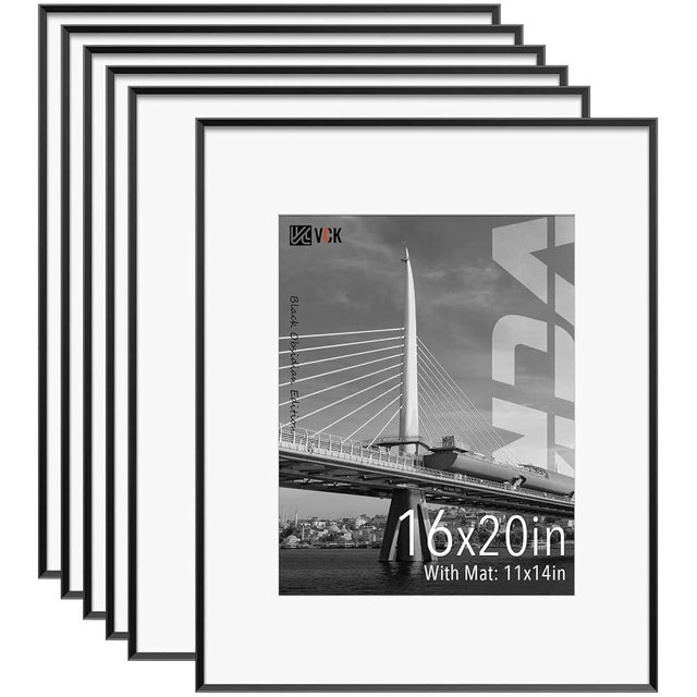 VCK Aluminum Picture Frames 16x20 Black Set of 6, Poster Frame with Mat for 11x14 Picture or 16x20 without Mat, Real Glass for Wall Decor