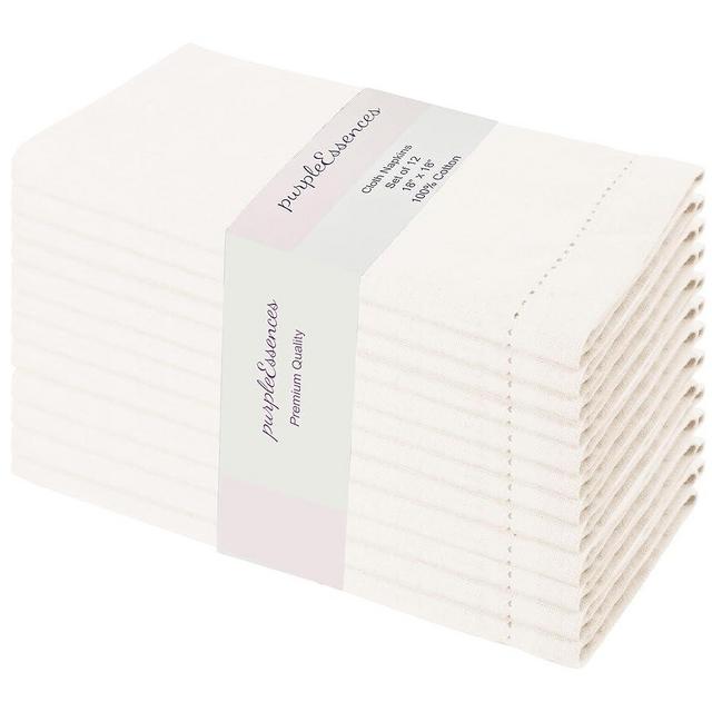 PurpleEssences Set of 12 Hemstitch Cloth Dinner Napkins 100% Cotton - Soft Durable Washable -Ideal for Events Wedding Spring and Summer - Perfect Everyday Use Table Linen 18x18 - Cream