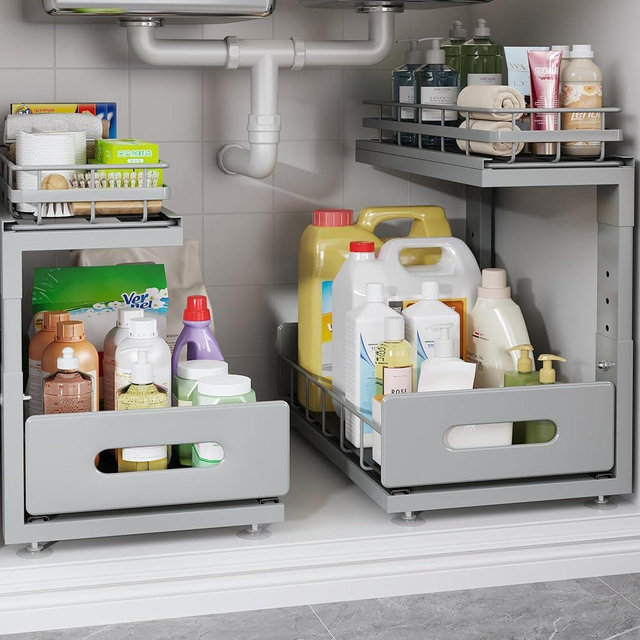 Biboraya 2 Pack Under Sink Organizer Upgrade to Professional Rails,2-Tier Dual Pull Out Cabinet Storage,Height Adjustable Slide Out Drawers for Bathroom Kitchen,Under Sink Shelf-Gray