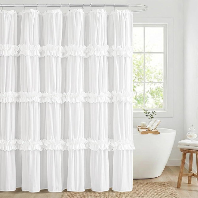 Seasonwood White Shower Curtain Elegant Ruffle Shower Curtain with Ruched & Bow Vintage Farmhouse Shower Curtains for Bathroom Boho Bathroom Decor(White,72x72 Inches)