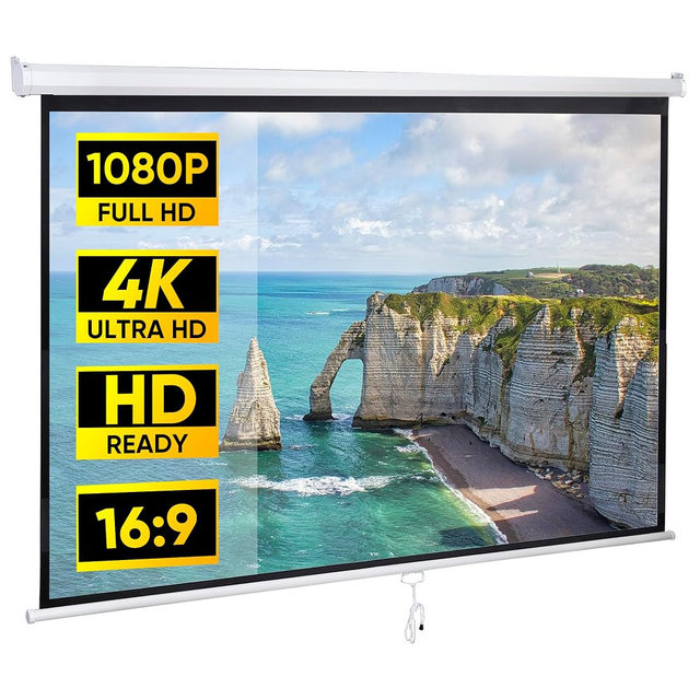 Saicool 80 Inch Projection Screen, Outdoor Indoor 16:9 HD Foldable Manual Pull Down Projector Screen for Movie Home Backyard Theater Cinema Office Video Game, White