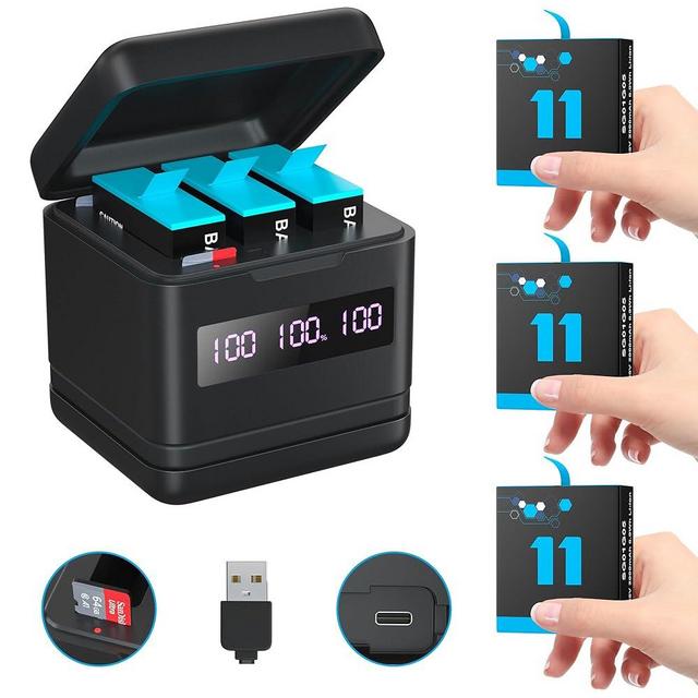 Replacement Batteries 2000mAh(3-Pack) for Hero 12/11/10/9 & Storage Fast Charger with High-Speed Micro SD Card Reader Function, Fully Compatible with Gopro 12/11/10/9 Original Battery and Charger