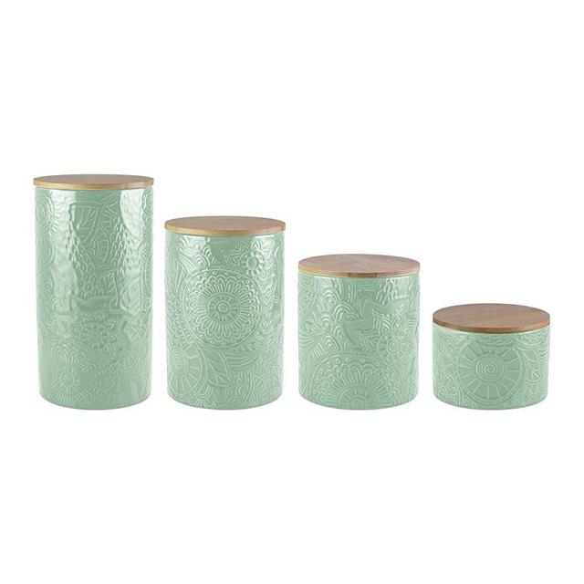 American Atelier Embossed Canister Set 4-Piece Ceramic Set Jar Container with Wooden Lids for Cookies, Candy, Coffee, Flour, Sugar, Rice, Pasta, Cereal & More Sage