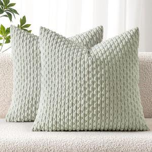 MIULEE Pack of 2 Decorative Throw Pillow Covers 18x18 Inch Soft Boho Striped Textured Corduroy Pillow Covers Modern Farmhouse Home Decor for Couch Bed Sofa Living Room Light Green