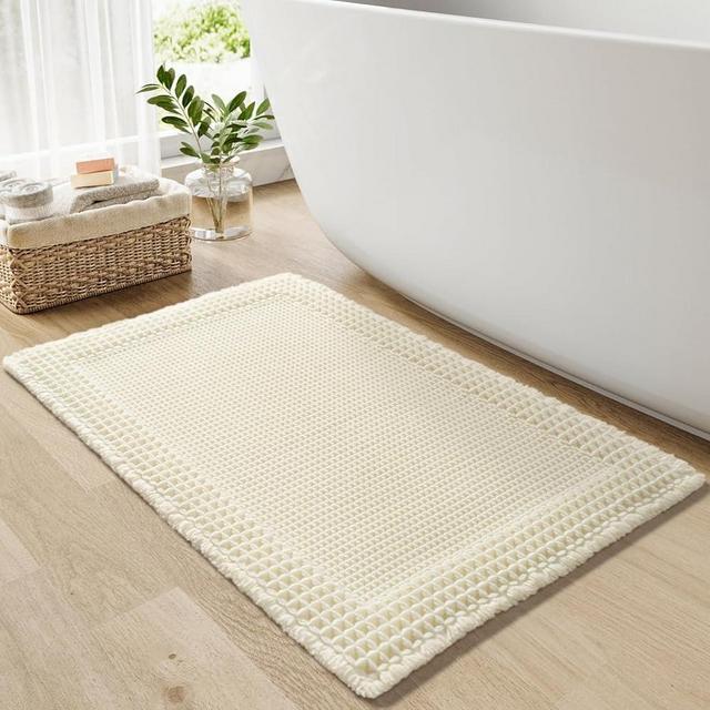 RESARE Waffle Bath Mat for Bathroom, Super Absorbent Bathroom Rugs Non Slip Machine Washable, Ultra Soft Boho Bath Rugs with Tassels for Bathroom Floor, Upgraded Bordered Design, 17"x24" White