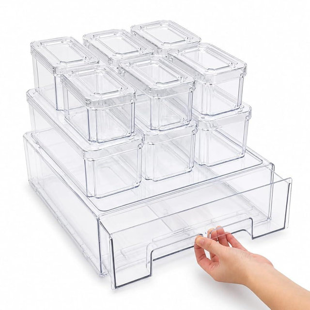 EASPACE Fridge Organizer Bins with Drawer, 10-Pack Clear Stackable Container Set, BPA-Free Plastic Refrigerator Storage Containers for Food, Fruits, Vegetables, Meats, Salads (Multi-Purpose)