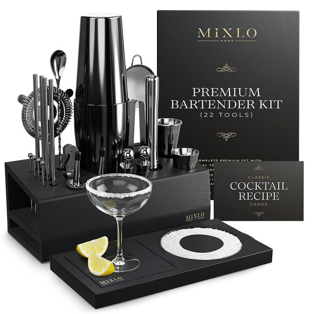 MIXLO HOME Mixology Bartender Kit - 22Pcs Bar Set Cocktail Shaker Set w Black Bar Cart Accessories Stand - Shakers Bartending Gun Metal Black Tools, 24oz Shaker, 17 Recipe Cards, Martini Barware