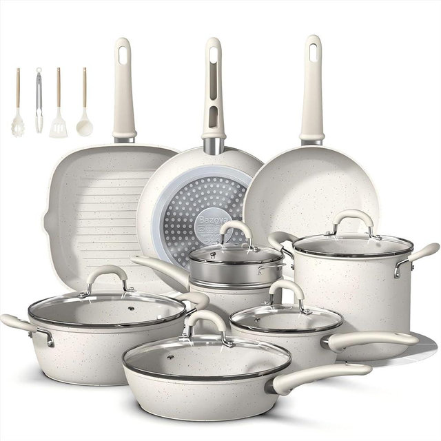 24 Pcs Pots and Pans Set Non Stick, Ceramic Cookware Set with 8QT Stock Pot, Healthy Non Toxic Kitchen Cookware, Large Capacity, Induction Compatible, PFAS/PTFE/PFOA/PFOS Free, Cream White