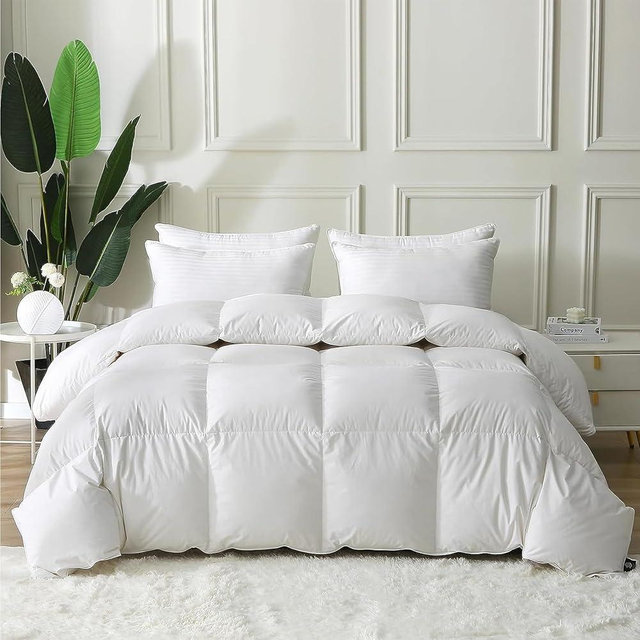 BPC Queen Size Feather Comforter, Filled with Feather and Down Fiber, 90x90 Inches All Season Duvet Insert Luxurious Fluffy Hotel Bedding Comforters with 100% Cotton Cover and 4 Corner Loops