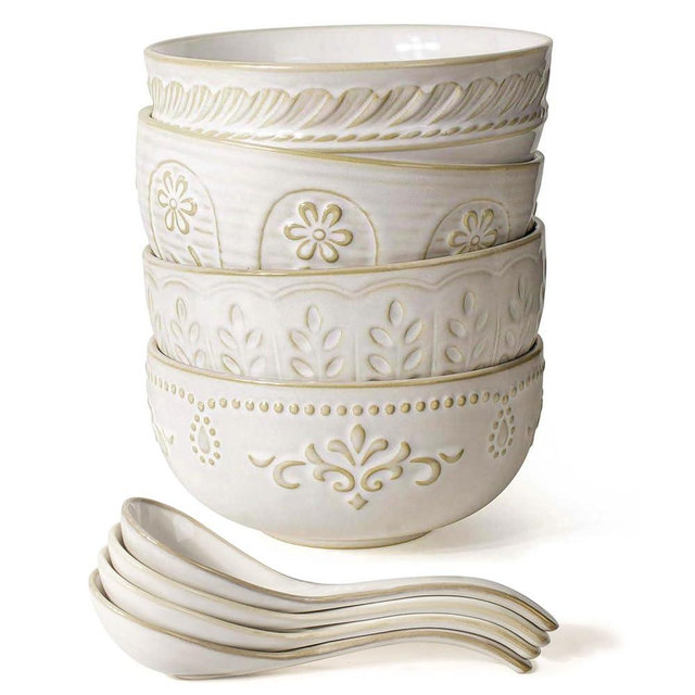 Artena Soup Bowls 32 OZ, Cereal Bowls & Soup Spoons, Pho Bowls And Spoons Set, Embossed Ceramic Ramen Bowls, Breakfast Bowls For Rice Salad, Set Of 4, Dishwasher & Microwave Safe (Multiple Patterns)