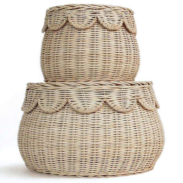 Palonona - Scalloped Basket Set of 2 Small Natural Rattan Decorative Storage Baskets with Lids - Round Shape - Handwoven Natural Wicker Boho Décor for Shelves, Countertops & Gift Baskets.