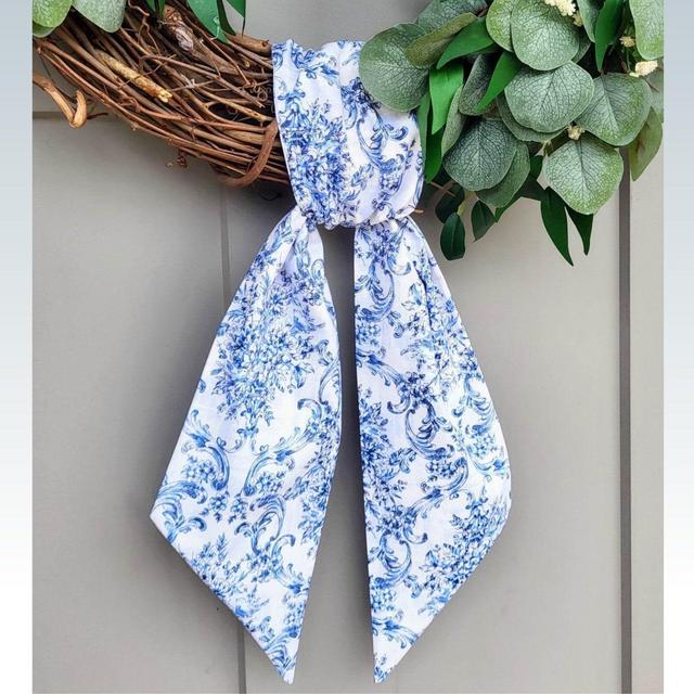 Chinoiserie Wreath Sash Floral Blue Scarf for Front Door Wreath Decor for Spring Wreath Sash Blue Chinoiserie Wreath Tie Elegant Wreath Sash