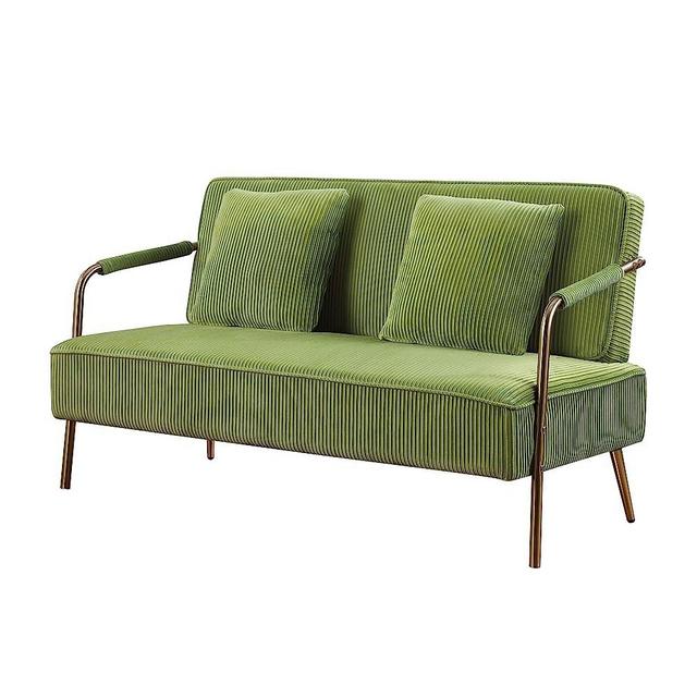 Modern Pleated Velvet Loveseat Sofa: 56" 2 Seater Upholstered Sofa - Mid Century Sofa Couch with 2 Pillows - Gold Metal Legs - Small Spaces Bedroom Apartment Office Living Room (Olive Green)