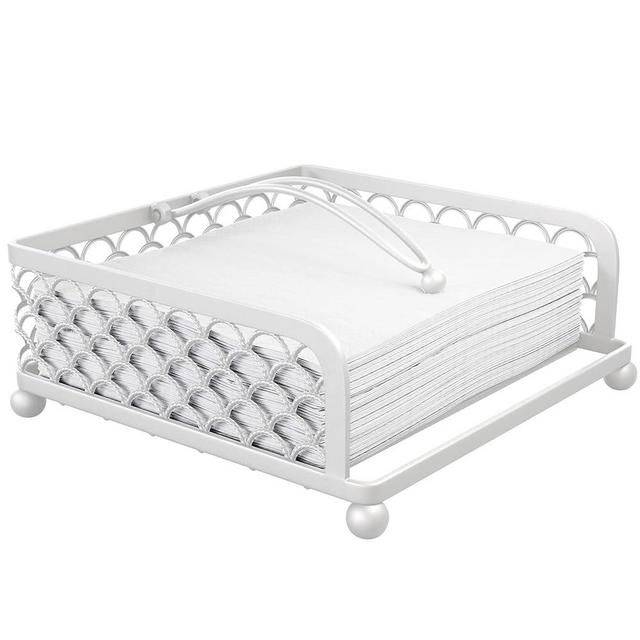 Elegant Napkin Holder for Table with Weighted Arm Modern Flat Napkin Holders for Dinner in kitchen or Dining room, Luxury restaurant Countertops & Outdoor Tables | Square Metal Lattice Basket (White)