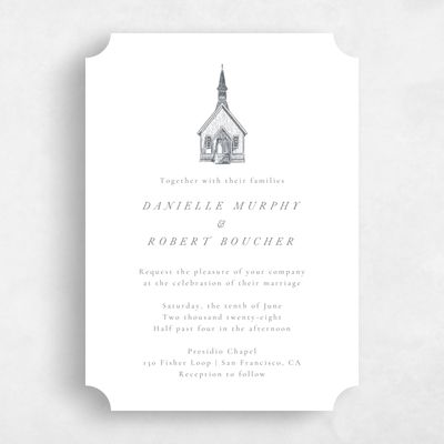 White Ticket Wedding Invitation - Rustic Church Portrait