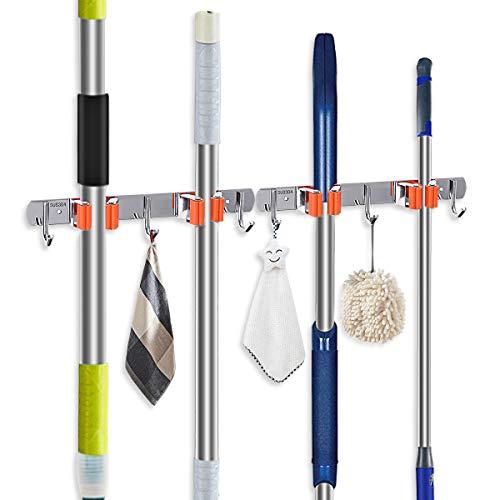 MOHOO Broom Holder Wall Mount Stainless Steel Wall Mounted Storage Organizer Heavy Duty Tools Hanger with 2 Pack 4 Racks 6 Hooks for Bathroom Kitchen Office Closet Garden