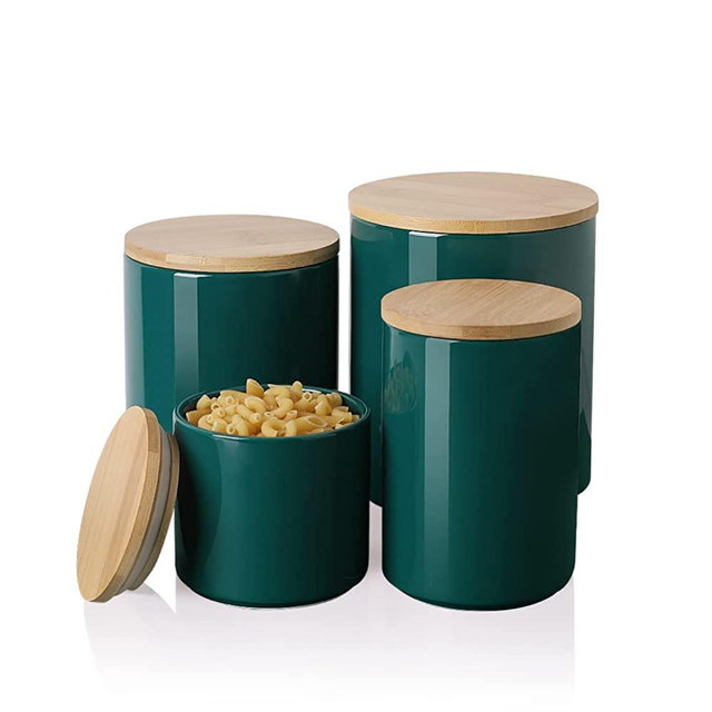 Sweejar Ceramic Canisters, Food Storage Jar Set with Airtight Seal Wooden Lid, Stackable Containers for Kitchen Counter, Ground Coffee, Flour, Sugar, Salt, Cookie, Dog Treats, Herbs, Candy and More - Set of 4 (Jade)
