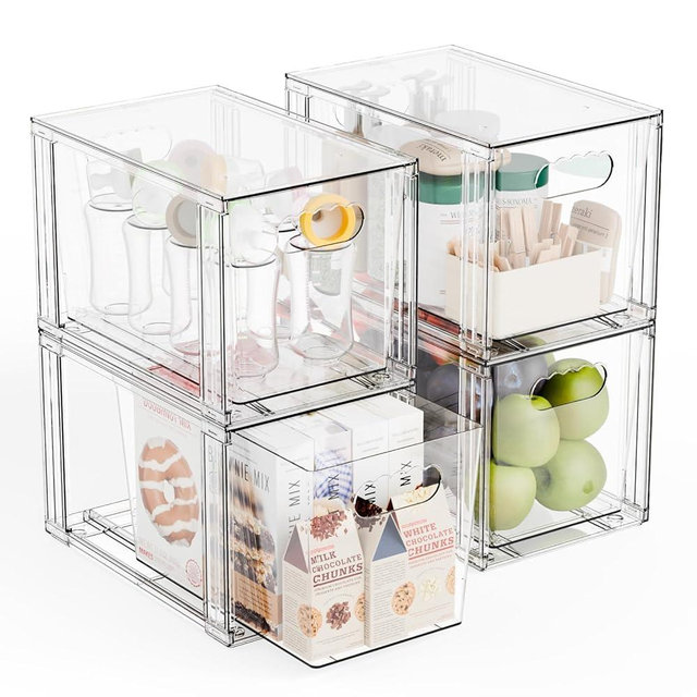 Yieach 4 Pack Large Stackable Storage Drawers,11″Deep Under Cabinet Organizer,Baby Bottle Organizer,Clear Stacking Pull Out Drawer,Acrylic Storage Containers Bins for Organizing Snack,Medicine,Makeup