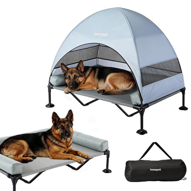 iweepet 4 in 1Elevated Dog Bed with Removable Canopy & Side Bolster Pillows, Cooling Raised Pet Cot with Breathable Teslin Mesh, Portable Outdoor Dog Bed with Carry Bag for Camping,Patio,Backyard,XXL