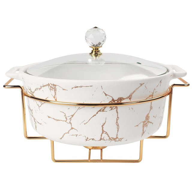 jinsongdafa Ceramic Casserole Dish with Glass Lid and rack, 2.6 Quart Serving Soup Tureen,Chafing Dish for Buffet, Family Food preserve Tray, Catering Casserole for Party Style,11.2 Inch