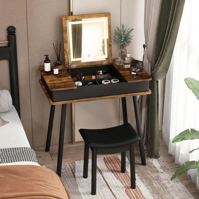 Costway Vanity Table Set w/ Flip Top Mirror Lights USB Port Cushioned Stool Writing Desk