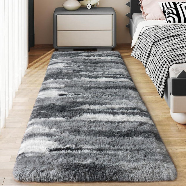Ailyei Soft Runner Rugs for Bedroom Hallways, 2x6 Abstract Grey Fluffy Shag Throw Area Rug Non Slip for Bedside Dorm, Long Shaggy Furry Carpet for Nursery Living Room