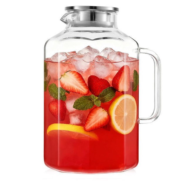 1 Gallon 128oz Octagon Glass Water Pitcher with Lid and Spout, Water Pitchers with Handle for Fridge, Borosilicate Glass Carafe for Hot/Cold Drink, Extra Large Jug for Iced Tea, Coffee.