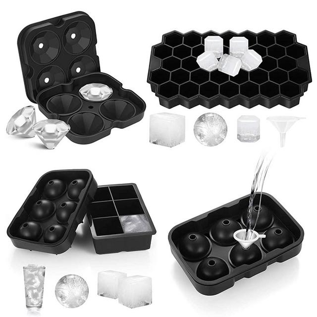Ice Cube Molds Easy-Release Silicone and Flexible trays, 4 pack include Sphere Ice ball Maker,Large Square Ice Cube, Diamond Ice Make, and 37-ice Trays with Lid, BPA Free (4, Black)