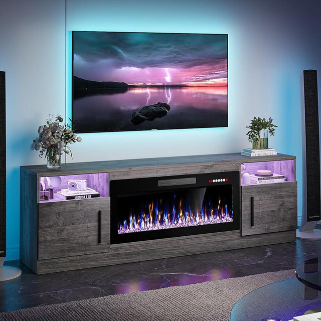 VITESSE TV Stand with 36" inch Electric Fireplace Up to 80" TVs, LED Light Entertainment Center, 70" Modern Wood High Gloss Fireplace with Highlight Storage Cabinet for Living Room (Grey)