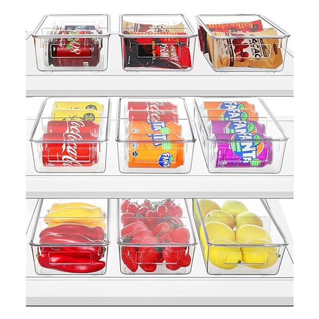 Refrigerator Organizer Bins with Lids, ESARORA 9 PACK Stackable Clear Plastic Storage Bins with Handle and Removable Divider For Fridge, Freezer, Kitchen Cabinet, Pantry Organization Storage, BPA Free