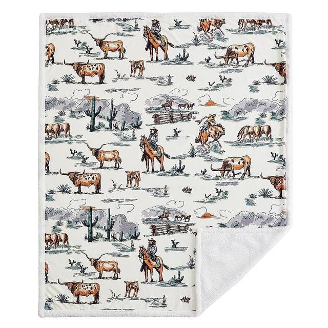 Indigo Hill by HiEnd Accents | Ranch Life Sherpa Throw Blanket, Cowboy Cow Longhorn Horse Cowgirl Print Western Blanket for Camping Outdoor, Sherpa Fleece Blanket for Couch, Sofa, Bed, 54x68 inch