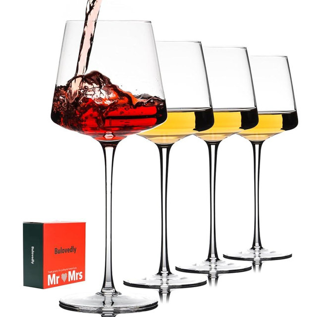 25oz Red Wine Glasses Set of 4, Hand Blown, Large Premium Crystal Wine Glass– Burgundy Wine Glasses With Long Stem – Unique Gift for Wedding, Home Party, Clear Lead-Free Stemmed Square Wine Glasses