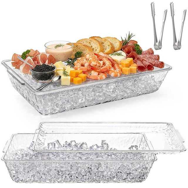 ZENFUN 2 Pack Ice Chilled Serving Tray, Plastic Chilled Party Platter for Fruit, Veggie Trays Large Removable Serving Tray for Cold Dish, Ideal for Appetizers, Seafood, Desserts, Charcuterie Board
