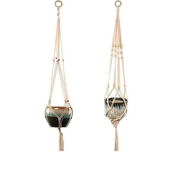 MOUOGO Macrame Plant Hanger Indoor Outdoor Wall Hangings Planter Holder Basket Home Decor Cotton Rope with Beads,2 Pack