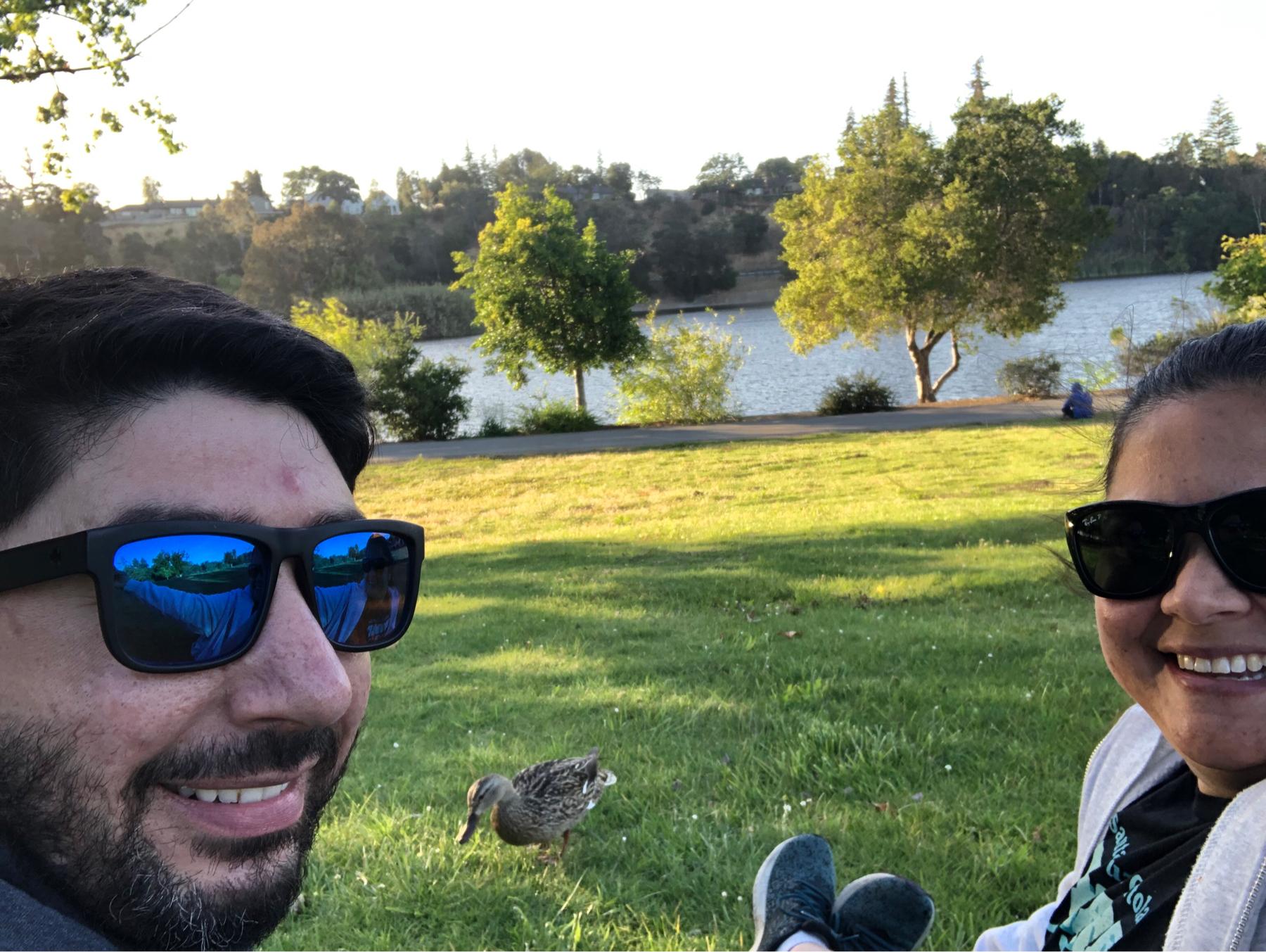 Our first photo together! Picnic with our duck friend at Vasona Park.