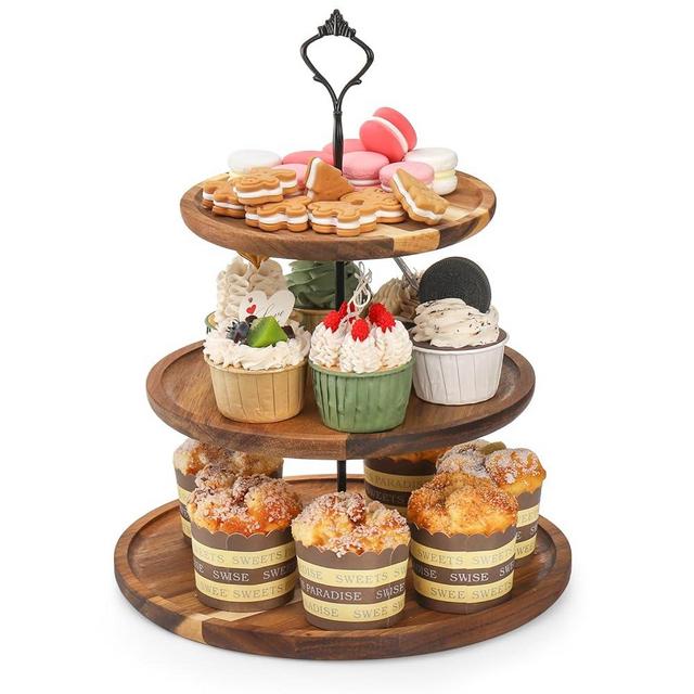 Elsjoy 3 Tier Wood Cupcake Stand, Large Acacia Cake Display Stand Wooden Tiered Dessert Stand, Rustic Cupcake Tower for Wedding, Birthday, Tea Party