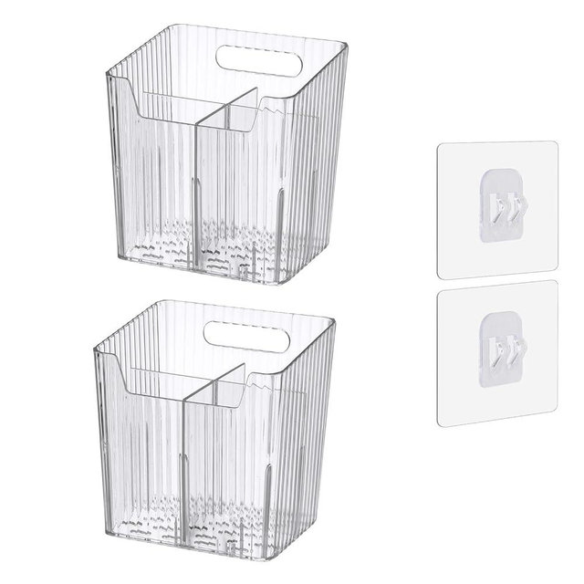 Set Of 2 Storage Organizer Bins Wall Mounted Shower Caddy, Bathroom shelves Stackable Clear Plastic Toothbrush Holder Adhesive Hanging Bin for Bathroom, Kitchen, Cabinet, Shower BPA Free Small (Clear)