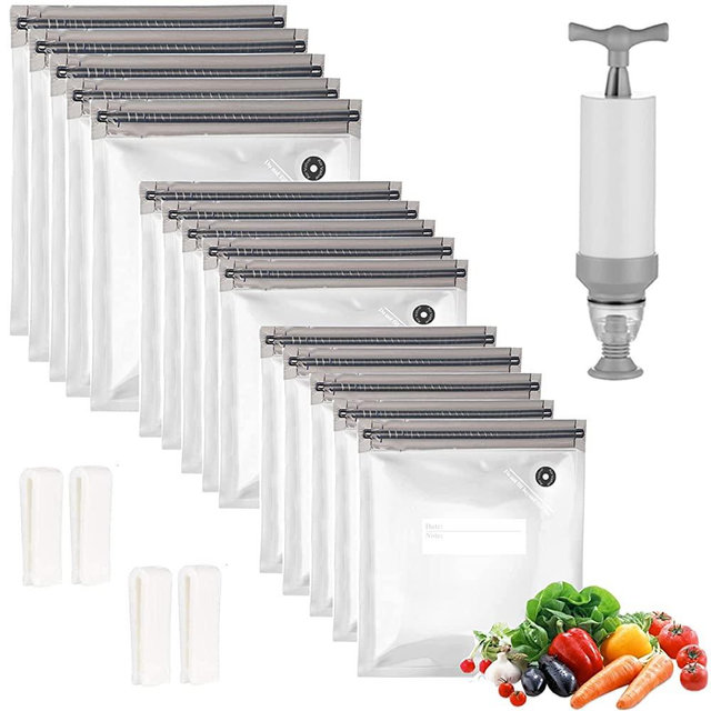 Gray Sous Vide Bags 20pack Reusable Vacuum Food Storage Bags with 3 Sizes Vacuum Food Bags,1 Hand Pump,4 Sealing Clips for Food Storage and Sous Vide Cooking